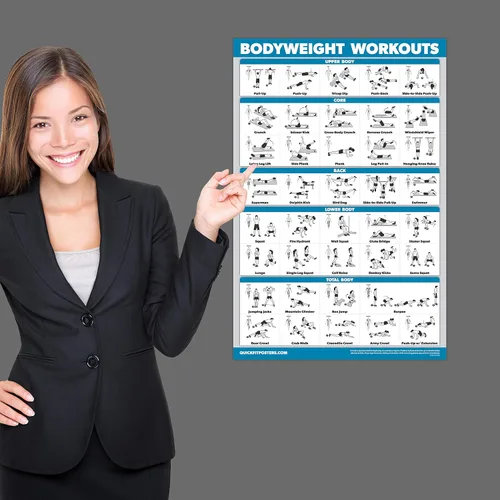 Vista 3 de QUICKFIT - Juego de 3 tablas de entrenamiento con mancuernas + ejercicios de peso corporal + póster de rutina con barra – Juego de 3 tablas