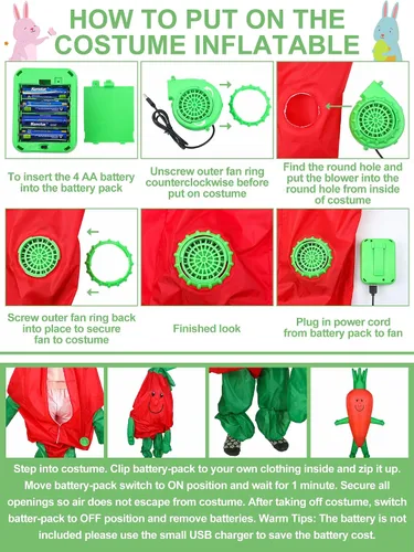 Vista 5 de Disfraz inflable de zanahoria de Pascua para adultos, divertido disfraz de frutas y verduras para hombres y mujeres, fiesta de cosplay de Pascua