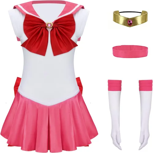 Vista 4 de HLENOK Disfraz de anime de luna para mujeres adultas, Tsukino Usagi para Halloween, cosplay, falda escolar, uniforme completo