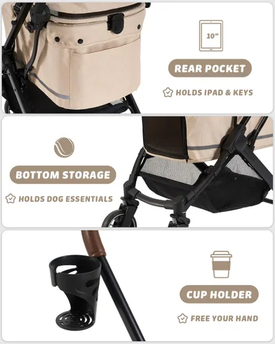 Vista 9 de HITTITE Pet Stroller with Weatherproof Cover, All-Terrain 4-Wheel Cat & Dog Stroller with Adjustable Canopy, Foldable Dog Strollers with Storage