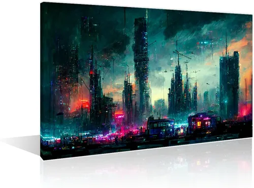 Vista 17 de 1 panel de cuadros de la ciudad de Cyberpunk, arte de pared, representación de vallas publicitarias, edificios modernos en la capital con obras