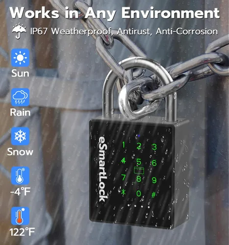 Vista 5 de eLinkSmart Candado inteligente resistente con llave, bloqueo de almohadilla con teclado de código, resistente a la intemperie, Bluetooth RFID