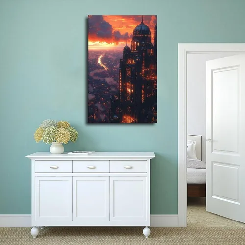 Vista 4 de XAHOR Sci-Fi Steampunk Canvas Wall Art – Cyberpunk Retro City at Dusk Canvas Poster Wall Art Decor Print Picture Paintings for Living Room Bedroom