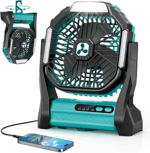 Vista 10 de Ventilador Portátil Recargable, 20000mAh Ventiladores Inalámbricos con Batería para Tienda de Campaña con Linterna LED, Pequeño Ventilador Exterior