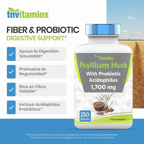 Vista 4 de tnvitamins Cápsulas de cáscara de psyllium 1700 mg - 250 cápsulas con probiótico Acidophilus Suplemento de fibra soluble y dietética extra