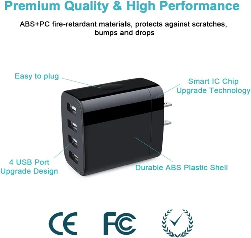 Vista 6 de Bloque de cargador USB de 4 puertos, paquete de 2 enchufes de cargador de pared con múltiples salidas USB, cubo de carga, caja de enchufe de pared