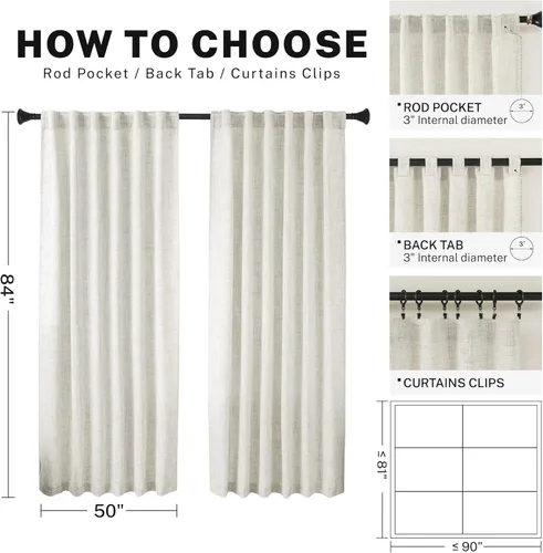 Vista 3 de Cortinas de Lino Natural Color Crema de 84 Pulgadas de Largo para Sala de Estar, Juego de 2 Paneles de Lino Texturizado con Trabillas Traseras