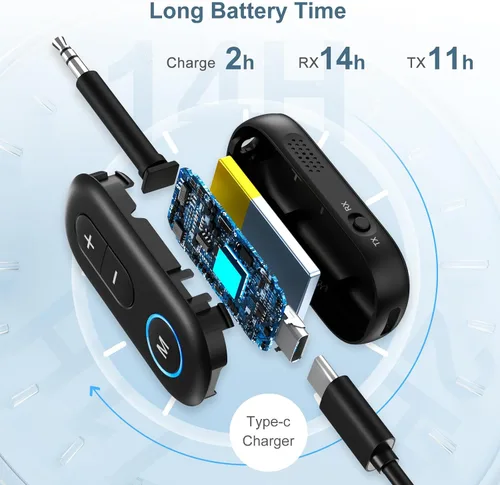 Vista 7 de Receptor transmisor Bluetooth 5.3 actualizado 2 en 1, adaptador Bluetooth para avión, baja latencia, manos libres, adaptador de audio auxiliar