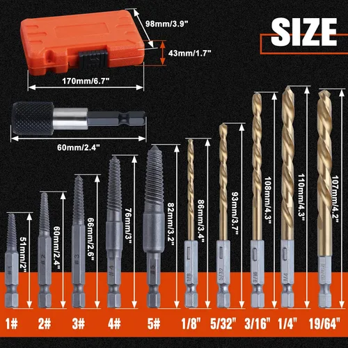 Vista 4 de Juego de 11 extractores de tornillos fáciles de sacar, kit de broca de mano izquierda con revestimiento de titanio y extractor de pernos