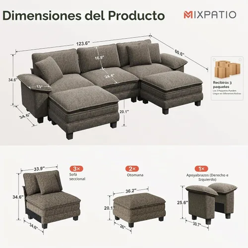 Vista 2 de MIXPATIO - Sofá seccional en forma de U de 123 pulgadas con cojines tipo nube, juego de sofá modular de asiento profundo con 5 asientos y 2 Gris