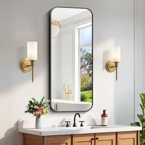 Vista 38 de FORBATH - Espejo de baño negro para sobre lavabo, espejo de pared de 16x24 pulgadas con marco de metal, esquinas redondeadas para baño, dormitorio