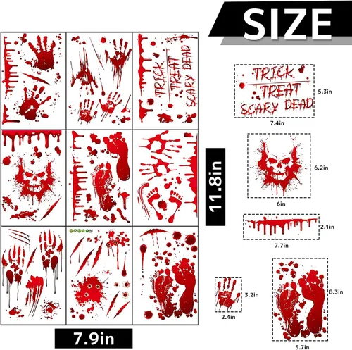 Vista 6 de MSQ 95 calcomanías de ventana sangrientas – Calcomanías extraíbles de huellas de mano para decoración de fiesta de Halloween, 9 hojas de calcomanías