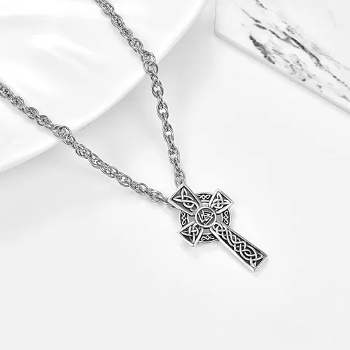 Vista 3 de TANGPOET - Collar de nudo celta de plata de ley con colgante de escudo de Asatru de buena suerte joyería irlandesa regalos para hombres mujeres