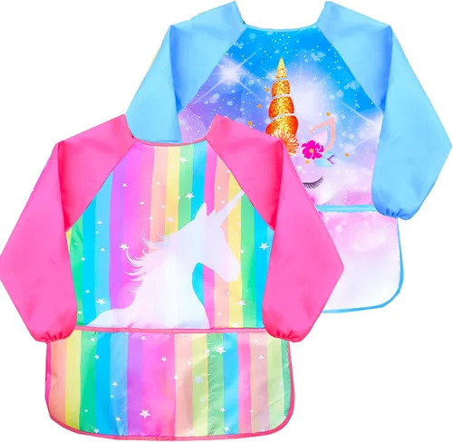 Vista 8 de Sylfairy Bata de arte para niños, impermeable, para pintar, delantal de pintura para niños pequeños