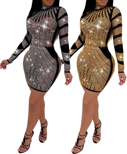 Vista 4 de PORRCEY - Vestido de noche sexy con manga larga y diamantes de imitación para mujer, fiestas y discotecas