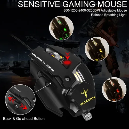Vista 3 de FEDARFOX Combo de teclado y mouse, compacto juego de teclado y mouse arco iris de tamaño completo para juegos, teclado mecánico retroiluminado