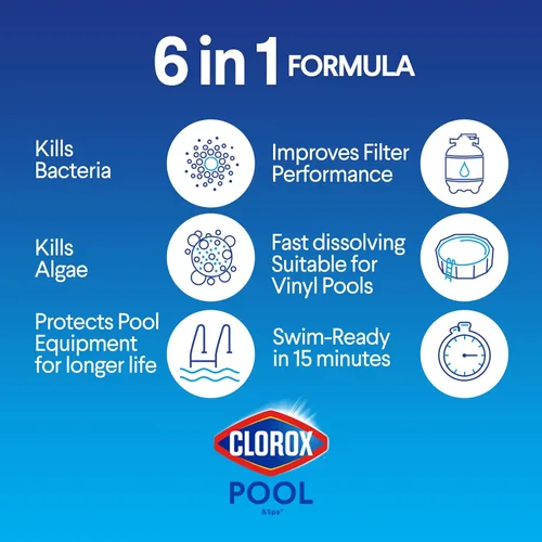 Vista 3 de Clorox® Pool&Spa™ Shock XTRABLUE® Plus, mata bacterias y algas en piscinas, listo para nadar en 15 minutos, (paquete de 6)
