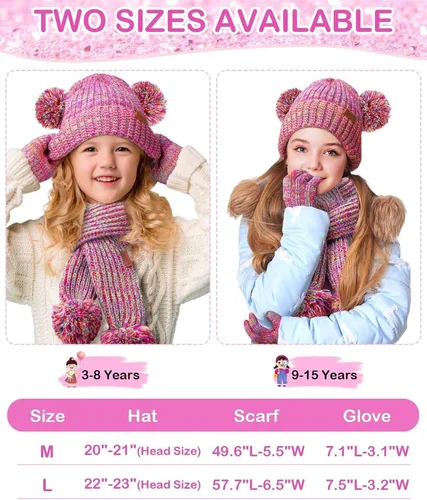 Vista 2 de Remifa Conjunto de bufanda y gorro de invierno para niños y niñas, con forro polar con pompón, bufanda larga, guantes cálidos
