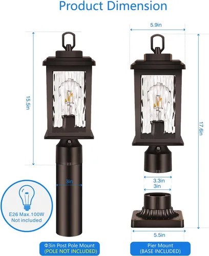 Vista 5 de VIANIS Luces de Poste para Exteriores de Bronce Frotado con Aceite Paquete de 2, Postes de Luz del Atardecer al Amanecer para Exteriores con Base