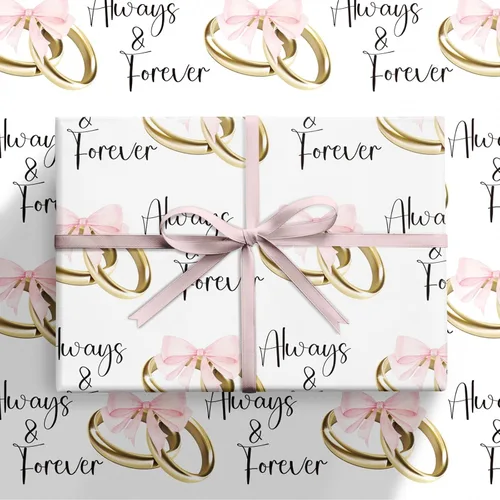 Vista 8 de RUSPEPA Rollo de papel de regalo de boda, mini rollo, lazos rosas y anillos dorados con diseño de texto "Always & Forever", elegante envoltura