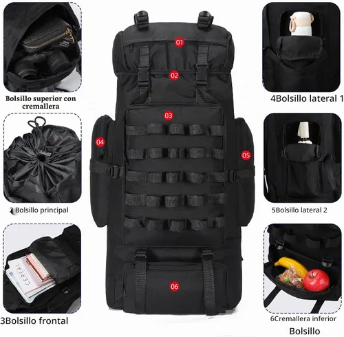 Vista 3 de Mochila de senderismo para acampar de 70 litros con cubierta de lluvia, mochila Molle impermeable para hombres, mochila para trekking, escalada al
