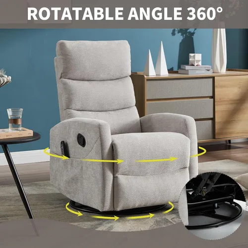 Vista 3 de Silla reclinable giratoria de 360° con masaje y calor, respaldo alto con relleno, silla mecedora tapizada para cuarto de bebé, sala de estar