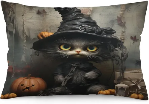 Vista 27 de Funda de almohada con sombrero de bruja con diseño de gato de 20 x 30 pulgadas, diseño de impresión de doble cara con cremallera invisible, Patrón 8