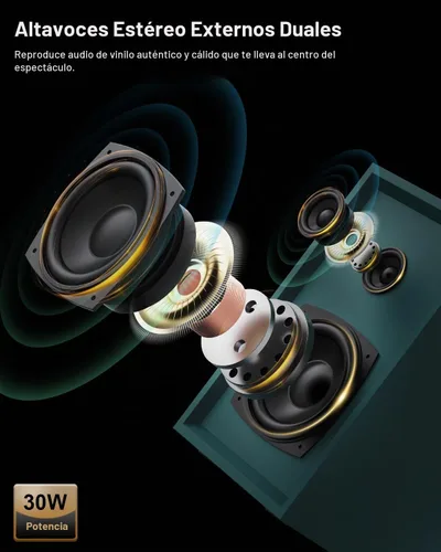 Vista 2 de Reproductor de discos Bluetooth retro con altavoces externos, tocadiscos de 3 velocidades con transmisión por correa, grabación USB a PC, salida AUX