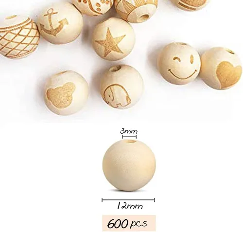 Vista 2 de 600 cuentas de madera natural de 0.472 in, cuentas de madera redondas sin terminar para manualidades, guirnaldas, decoración de vacaciones, joyería