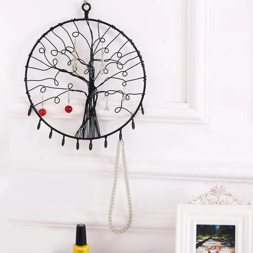Vista 3 de MyGift Soporte redondo de metal para colgar en la pared, diseño de silueta de árbol de metal, aretes y ganchos para collares, negro