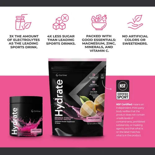 Vista 3 de CorVive Mezcla de bebida con electrolitos hidratantes, sabor a limonada rosa, certificado NSF, electrolitos, vitamina C, magnesio, zinc, potasio