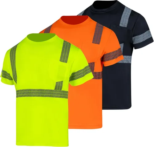 Vista 7 de VENDACE Camisas de seguridad para hombre, paquete de 3 camisetas de trabajo de manga corta reflectantes de alta visibilidad para hombre, color negro