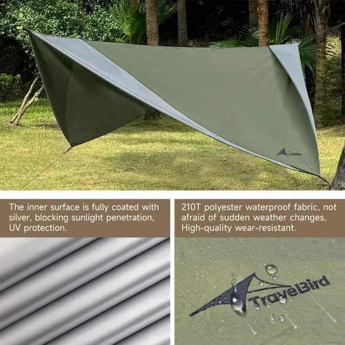 Vista 2 de Hamaca con mosca de lluvia, lona impermeable de 11 x 9 pies con puertas, lona ligera y con protección UV, multifuncional para mochileros