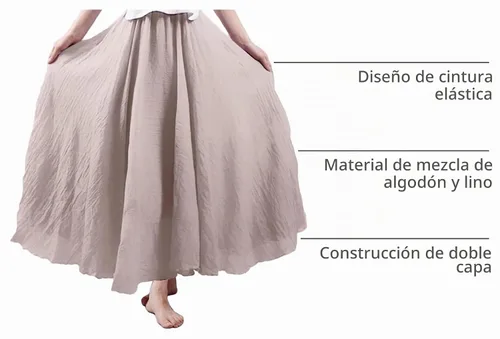 Vista 4 de ASHER FASHION Falda larga estilo bohemio con cintura elástica de algodón y lino para mujer Beige
