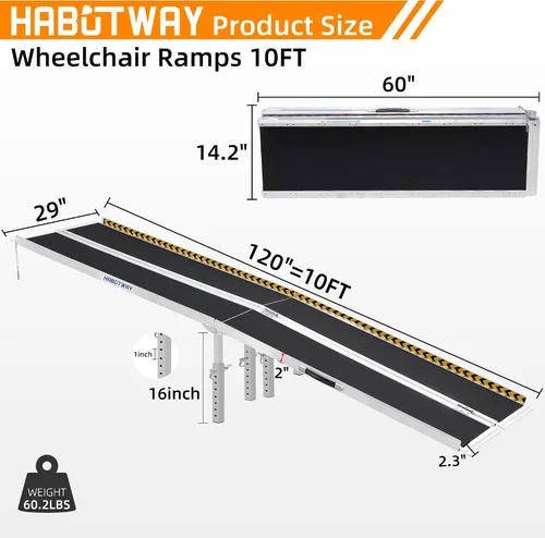Vista 4 de HABUTWAY Rampa para silla de ruedas de 10 pies, rampa portátil para silla de ruedas con patas de apoyo, rampas dobles antideslizantes con capacidad