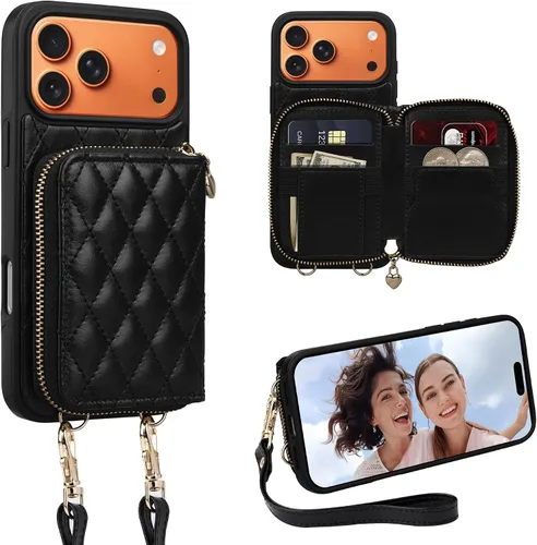 Vista 18 de Funda para iPhone 12 Pro/iPhone 12 de 6.1 pulgadas, cartera cruzada con cremallera para mujer, tarjetero con bloqueo RFID, funda de cuero con Negro