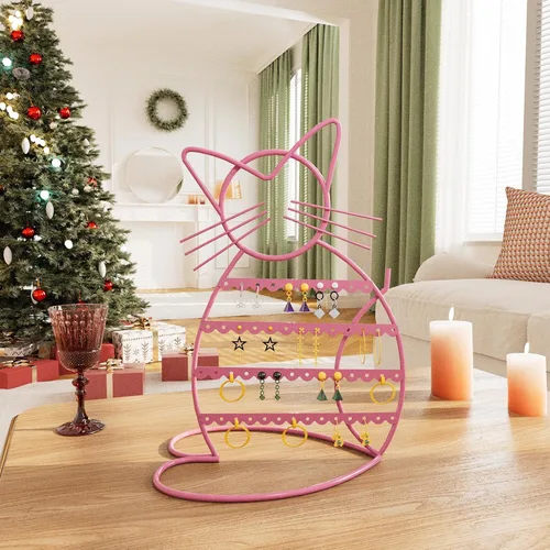 Vista 4 de Urban Deco Soporte Organizador de Joyas en Forma de Gato - Soporte para Aretes con 48 Agujeros para Pernos, Organizador de Tocador de Metal