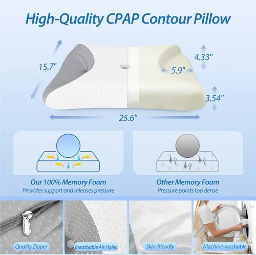 Vista 9 de Almohada HOMCA para dormir de lado con CPAP, almohada cervical para el cuello para todos los usuarios de máscaras CPAP para reducir las fugas de Gris