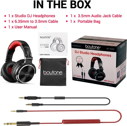 Vista 5 de Boytone BT-10RD - Auriculares con cable sobre la oreja, monitor de estudio y mezcla de auriculares estéreo para DJ con controladores de 1.969 in