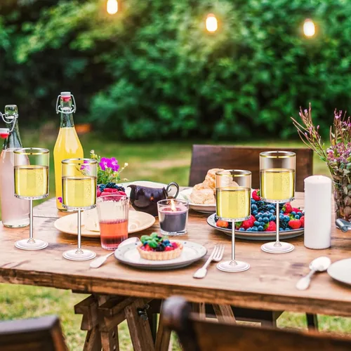 Vista 7 de Yaomiao Paquete de 12 copas de vino desechables de plástico transparente con tallo de 10 onzas, con borde dorado, reutilizables, para bodas