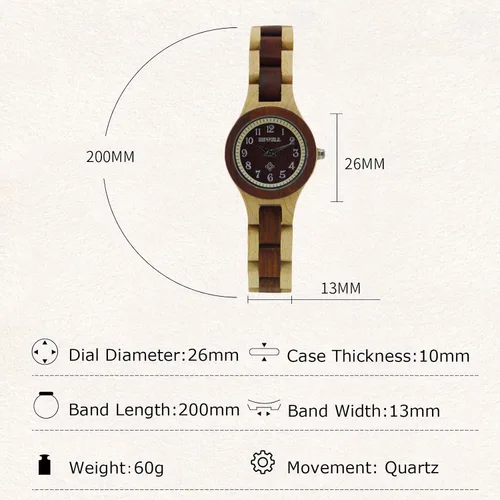 Vista 5 de RORIOS Reloj de madera para mujer, analógico, de cuarzo, con correa de madera, ligero, para mujer