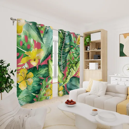 Vista 8 de Renaiss Cortinas de plantas tropicales, hojas de palma verdes y flores amarillas, cortinas opacas con ojales en la parte superior, 45 pulgadas