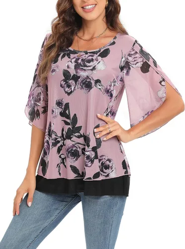 Vista 2 de Blusas de malla de manga 34 con volantes, cuello redondo, elegante, fluida