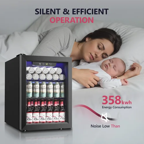 Vista 7 de Icyglee Refrigerador de bebidas, mini refrigerador para 16 botellas y 68 latas con puerta de vidrio, refrigerador independiente de bebidas para vino