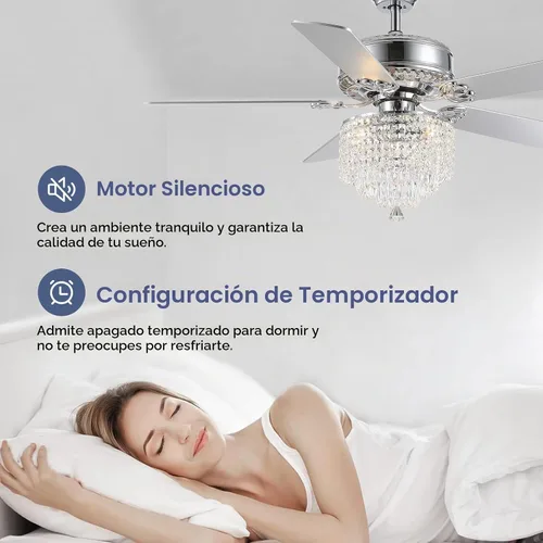Vista 2 de Ventilador de techo de cristal con luces, ventilador de candelabro moderno con control remoto, ventilador de techo cromado reversible, lámpara
