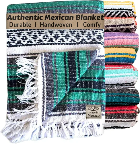 Vista 18 de Del Mex Manta clásica mexicana, gran manta falsa tejida auténtica (70 x 50 pulgadas), decoración artesanal del suroeste para playa, yoga, aire libre