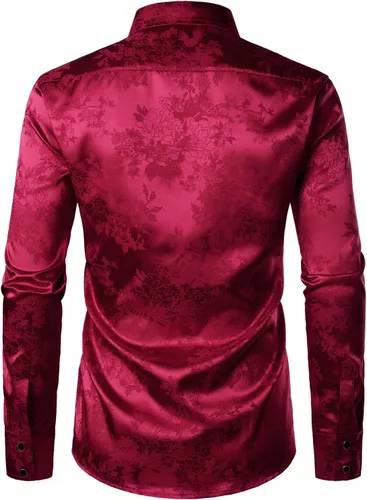 Vista 3 de ZEROYAA Camisas de vestir de manga larga con botones y estampado floral de satén brillante para hombre para fiesta de graduación