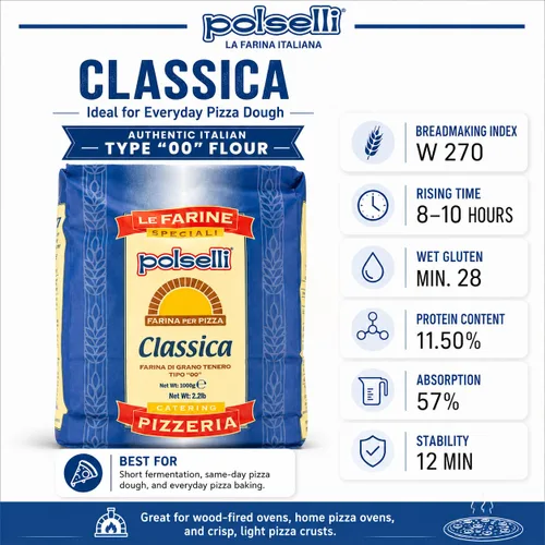 Vista 3 de POLSELLI Classica, Harina Tipo "00" Doble Cero Extra Fina, 11 libras (5 kg), Harina Napolitana Italiana para Pizza, Pan, Pasta y más, Totalmente