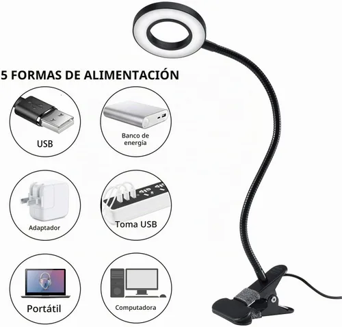Vista 4 de Luces de lectura con clip de 48 LED, lámpara de escritorio con 3 modos de color y 10 brillo regulable, 360° flexible de cuello de cisne