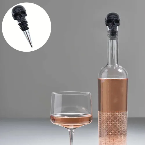 Vista 6 de Tapón de vino con diseño de calavera negra con lazo sellado de goma, accesorios de regalo para bar, boda, banquete, fiesta, vino, champán, amantes